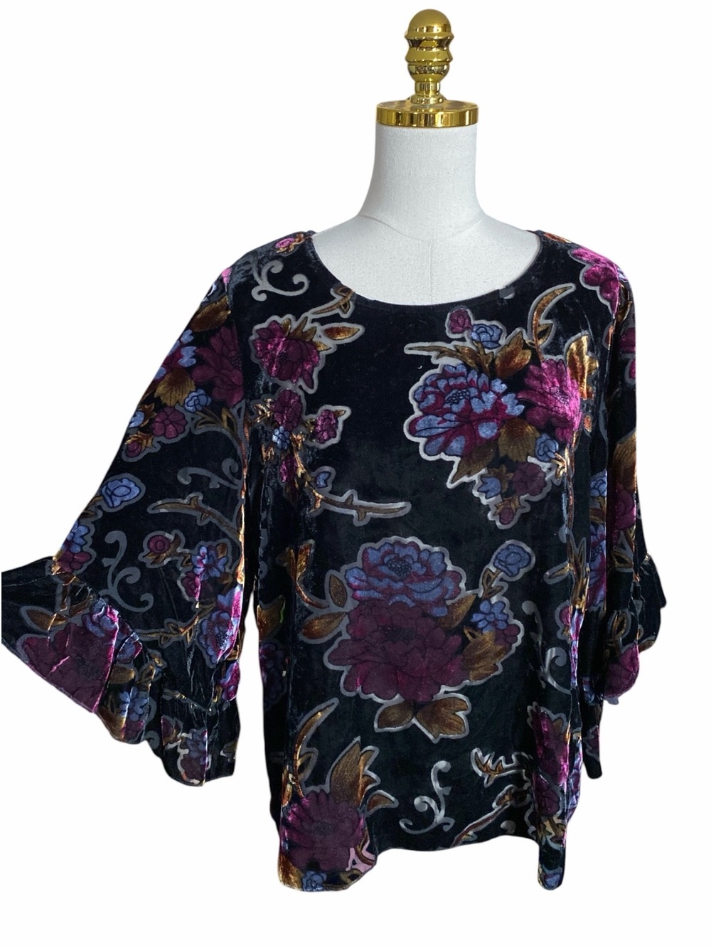 Velvet Burnout Floral Ruffle Bell Sleeve Boho Whimsigoth Top XL Dark Romantic